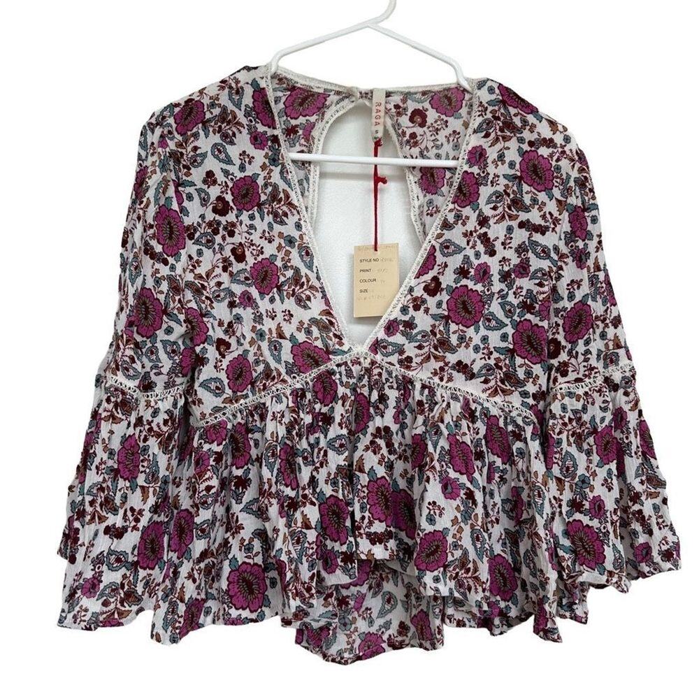 Raga Floral Boho Ruffle Blouse Open Back Size S NWT